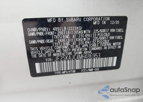 2021 Subaru Forester Premium z USA, uszkodzony, nr VIN JF2SKAJC4MH486953